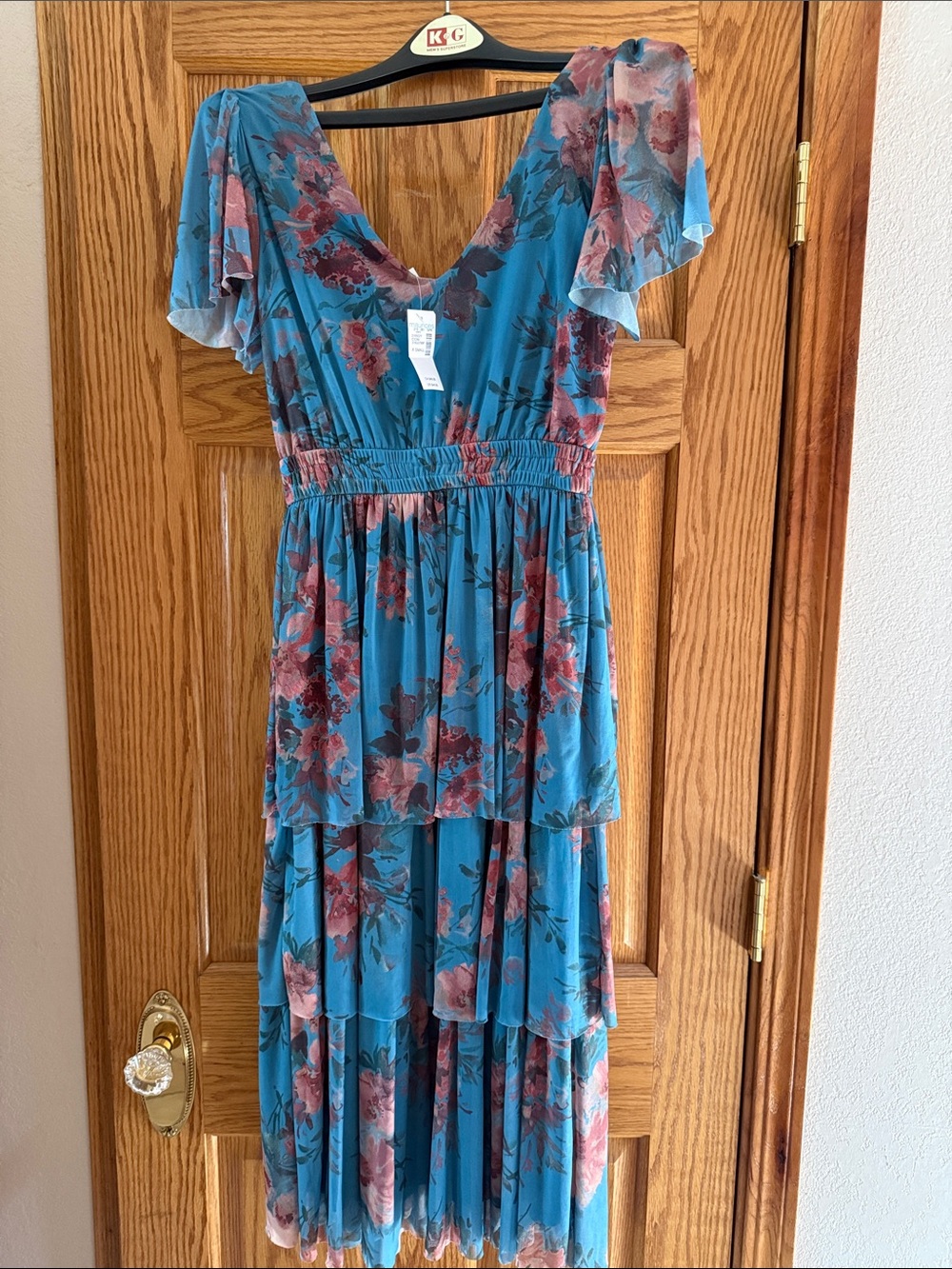 Maurices Teal Blue Floral Tiered Maxi Dress with Flutter Sleeves